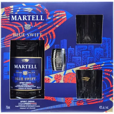 Martell Blue Swift VSOP Cognac Gift Set W/jigger & Glasses